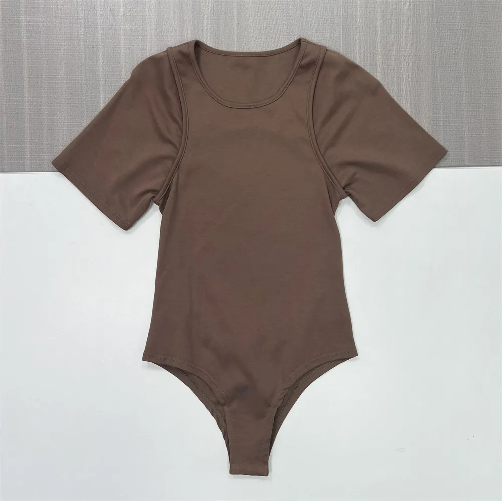 Women's Brown Cutout Short-Sleeve Bodysuit - Custom Stylish Form-Fitting Apparel