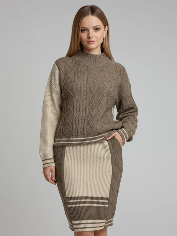 Women's Two-Tone Cable-Knit Sweater & Midi Skirt Set - Custom Textured Co-ord Design