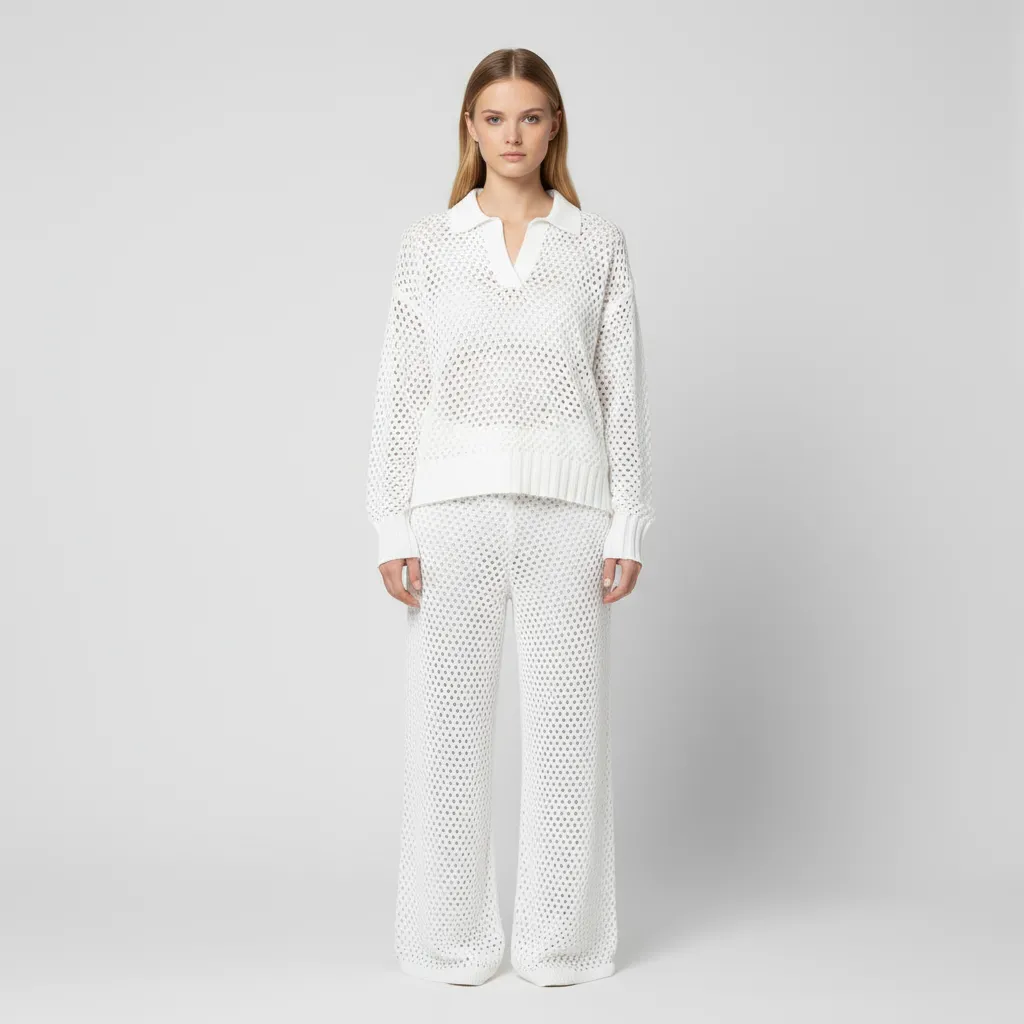 Women's White Openwork Knit Polo Top & Wide-Leg Pants Set - Custom Breathable Co-ord Design