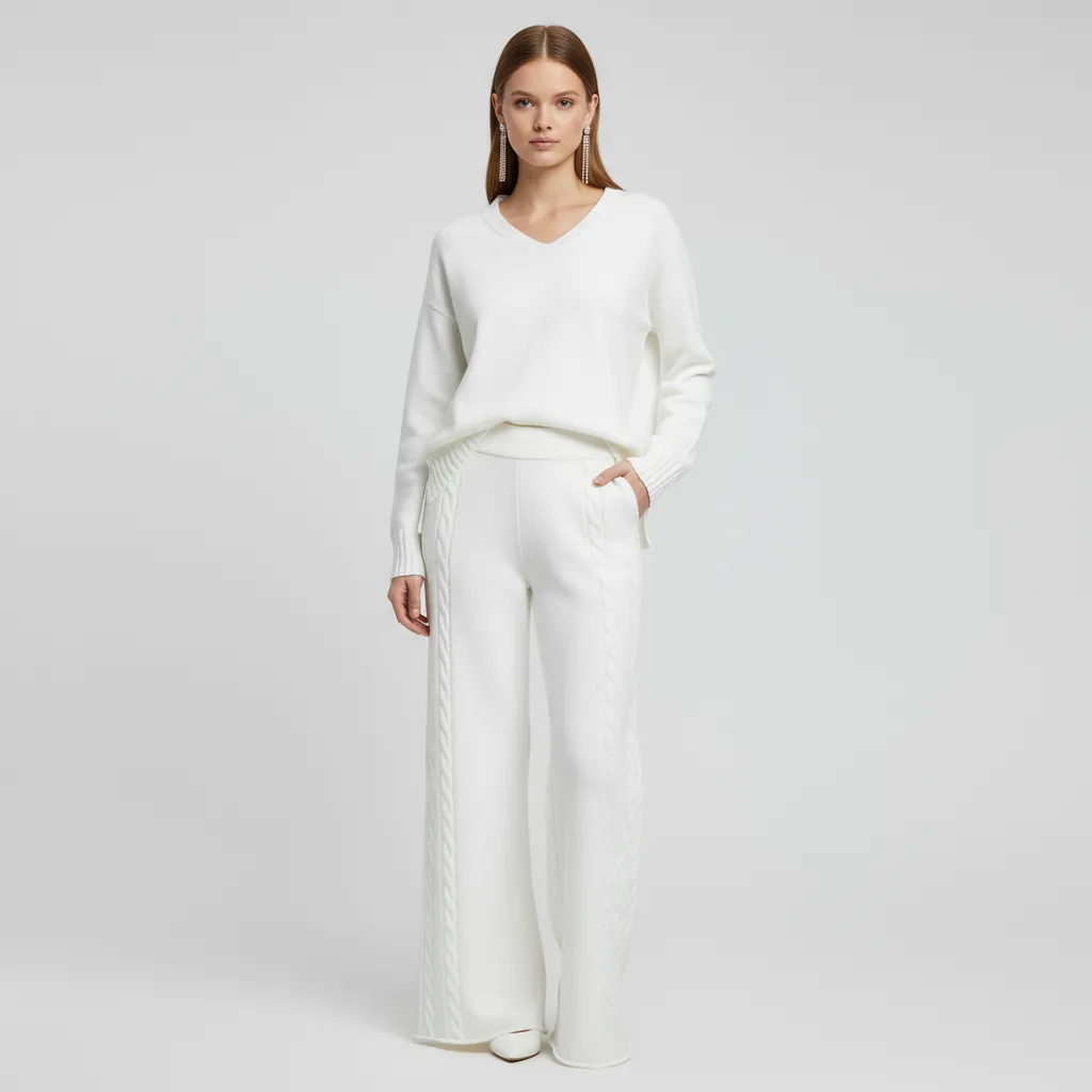 Women's White Cable-Knit V-Neck Top & Wide-Leg Pants Set - Custom Elegant Knit Co-ord Design