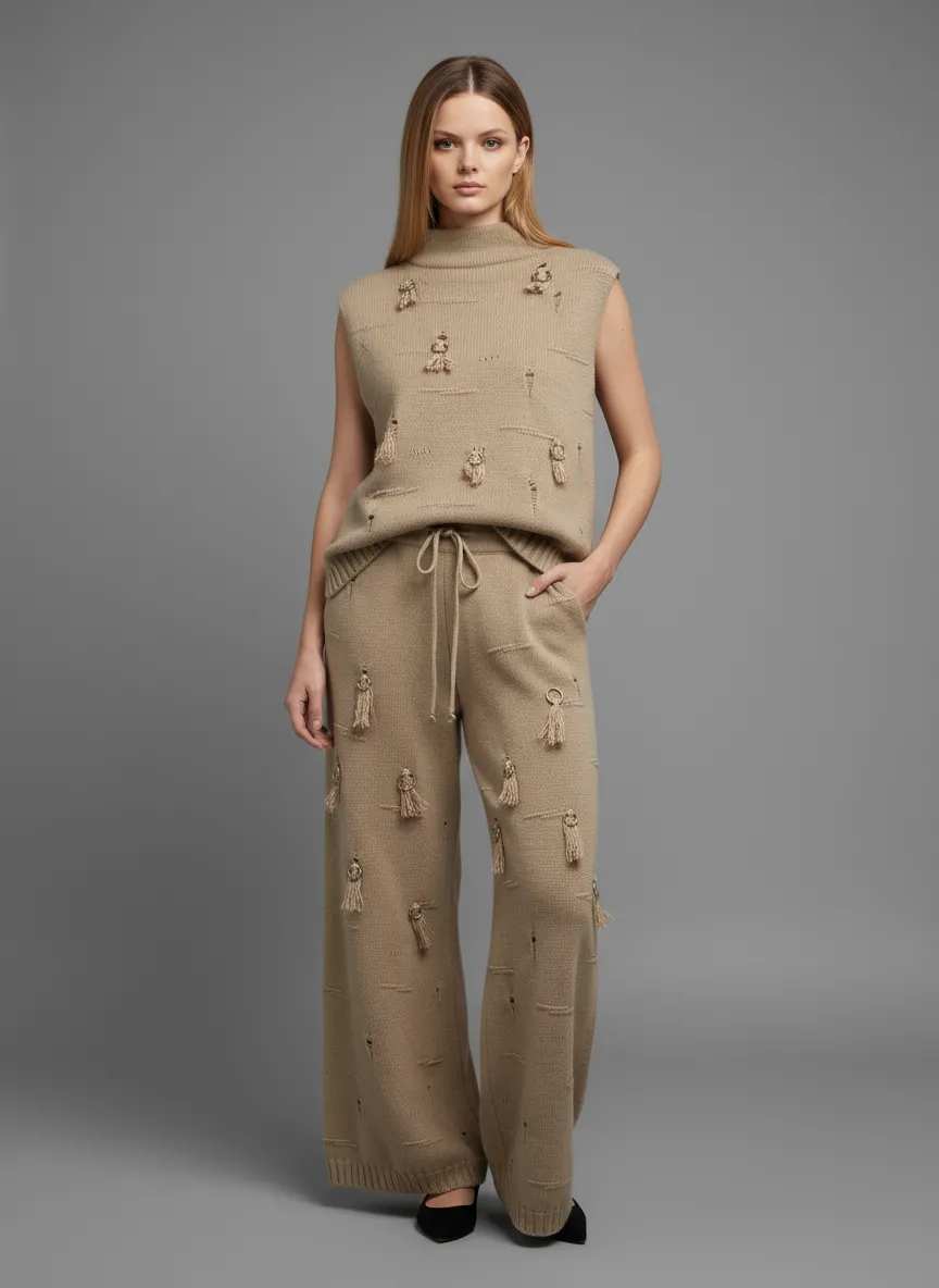 Women's Camel Distressed Knit Vest & Wide-Leg Pants Set - Custom Edgy Co-ord Design
