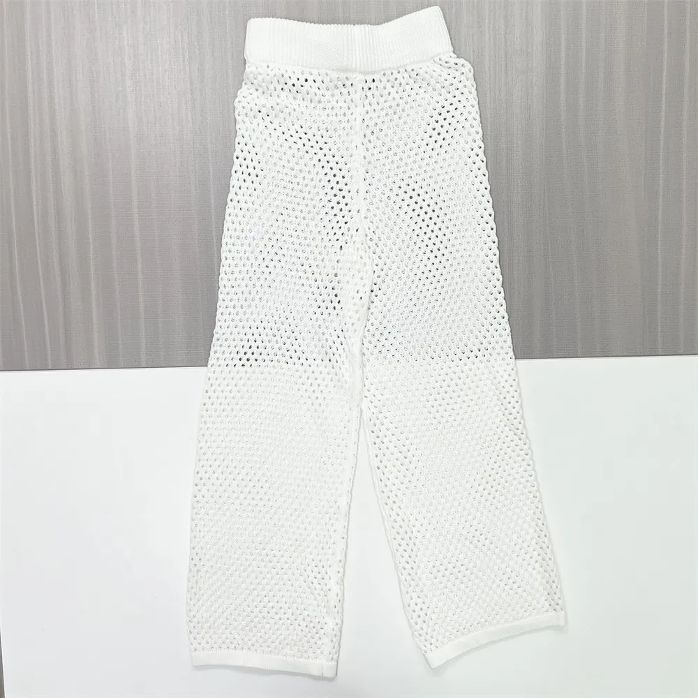 Women's White Openwork Knit Polo Top & Wide-Leg Pants Set - Custom Breathable Co-ord Design