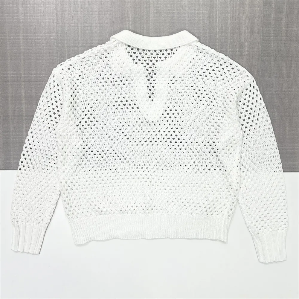 Women's White Openwork Knit Polo Top & Wide-Leg Pants Set - Custom Breathable Co-ord Design