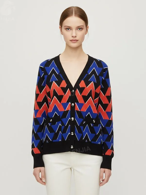Women's Color-Block Chevron Pattern V-Neck Knit Cardigan - Custom Bold Fashion-Forward Apparel