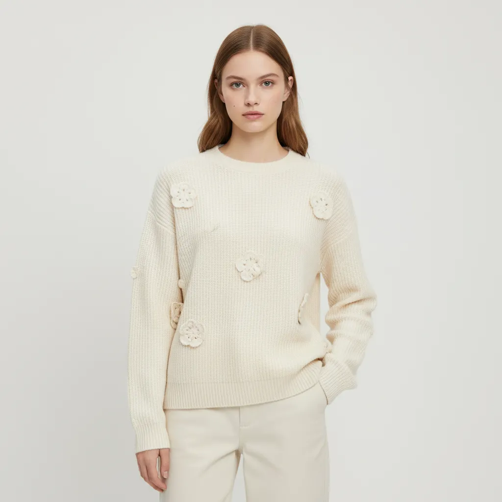 Women's Ivory Ribbed Sweater with 3D Floral Embellishments - Custom Feminine Casual Apparel