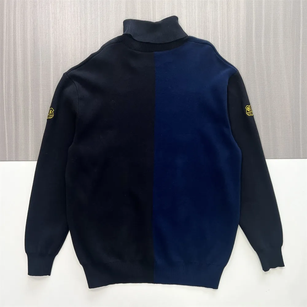 Women's Two-Tone Navy Split Turtleneck Sweater with Custom Emblem - Branded Statement Apparel