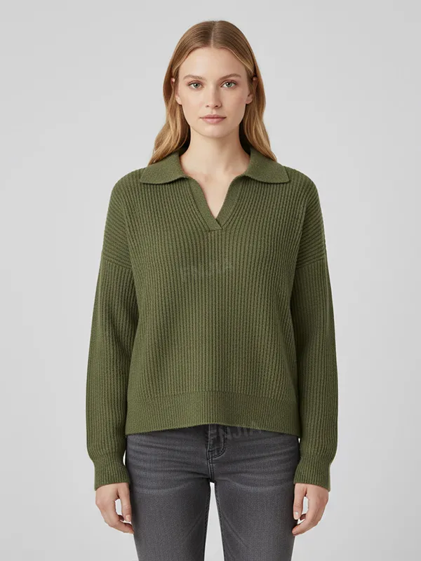 Women's Olive Green Ribbed Polo Collar Long-Sleeve Knit Top - Custom Relaxed Casual Apparel
