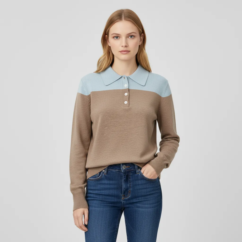 Women's Two-Tone Polo Collar Long-Sleeve Knit Top - Custom Refined Casual Apparel
