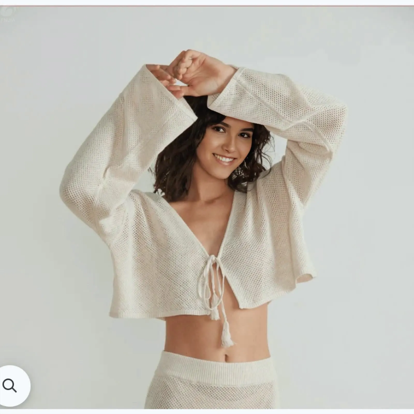 Women's Ivory Open-Knit Tie-Front Cropped Shrug Cardigan