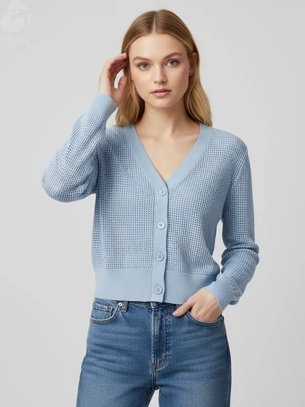 Women's Light Blue Open-Knit Cropped V-Neck Cardigan