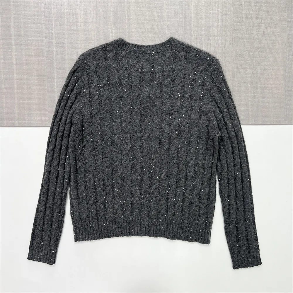 Women's Charcoal Cable-Knit Glitter V-Neck Sweater - Custom Sparkle Smart-Casual Apparel