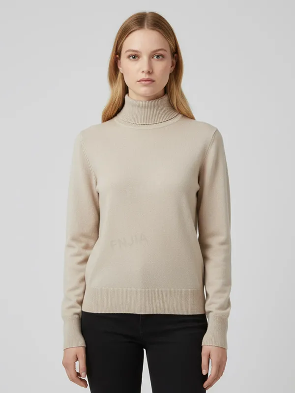 Women's Beige Slim-Fit Turtleneck Sweater - Custom Timeless Basic Apparel