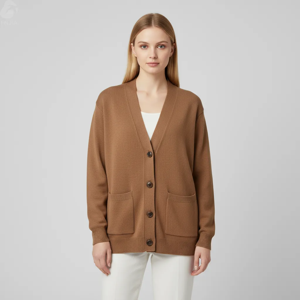 Women's Camel Oversized V-Neck Knit Cardigan with Pockets - Custom Minimalist Everyday Apparel