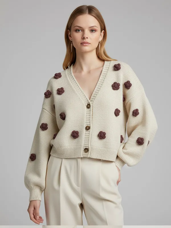 Women's Ivory V-Neck Cardigan with Burgundy 3D Floral Embellishments - Custom Playful Casual Apparel
