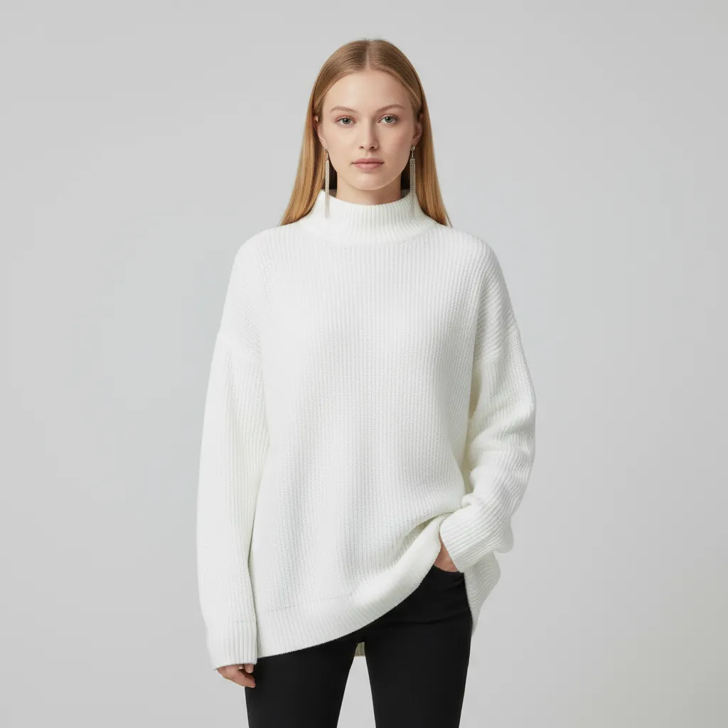 Women's Ivory Oversized Ribbed Turtleneck Sweater - Custom Cozy Minimalist Apparel
