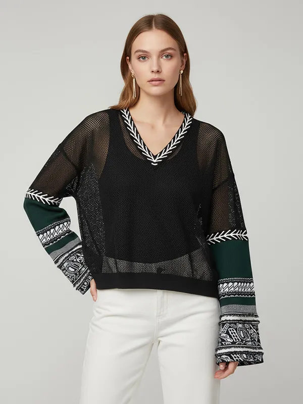 Women's Black Mesh V-Neck Sweater with Patterned Sleeves - Custom Bohemian Casual Apparel