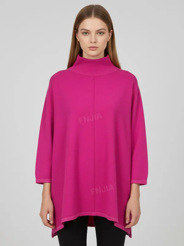 Women's Fuchsia Oversized Turtleneck Poncho Sweater with 3/4 Sleeves - Custom Bold Casual Apparel