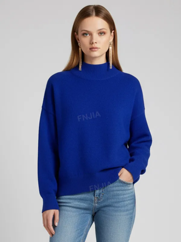 Women's Royal Blue Oversized Mock Neck Sweater - Custom Bold Casual Staple Apparel