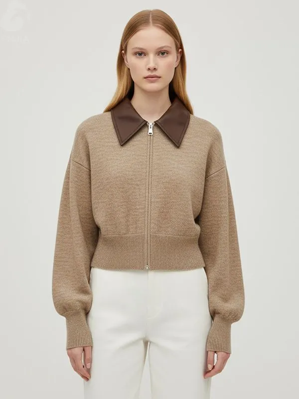 Women's Camel Knit Cropped Cardigan with Leather Collar & Full Zip