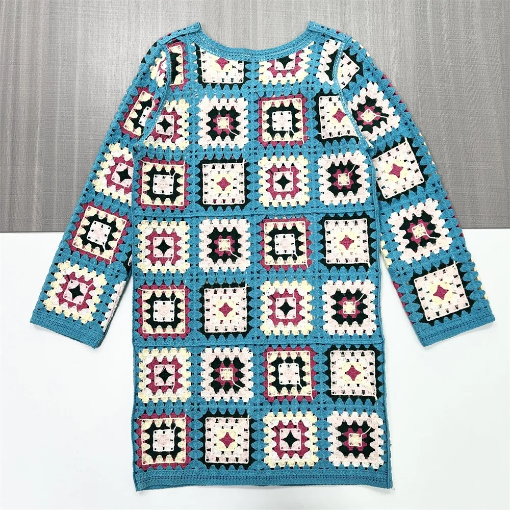 Women's Turquoise Granny Square Crochet Cardigan - Custom Bohemian Casual Outerwear