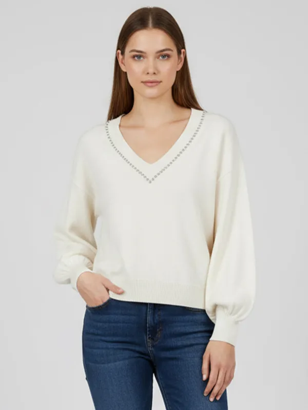 Women's Ivory V-Neck Sweater with Studded Trim & Puff Sleeves - Custom Elegant Casual Apparel