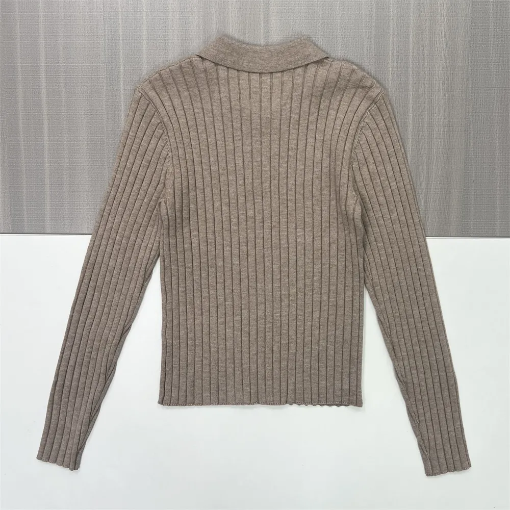 Women's Beige Ribbed Polo Collar Long-Sleeve Knit Top - Custom Form-Fitting Smart-Casual Apparel