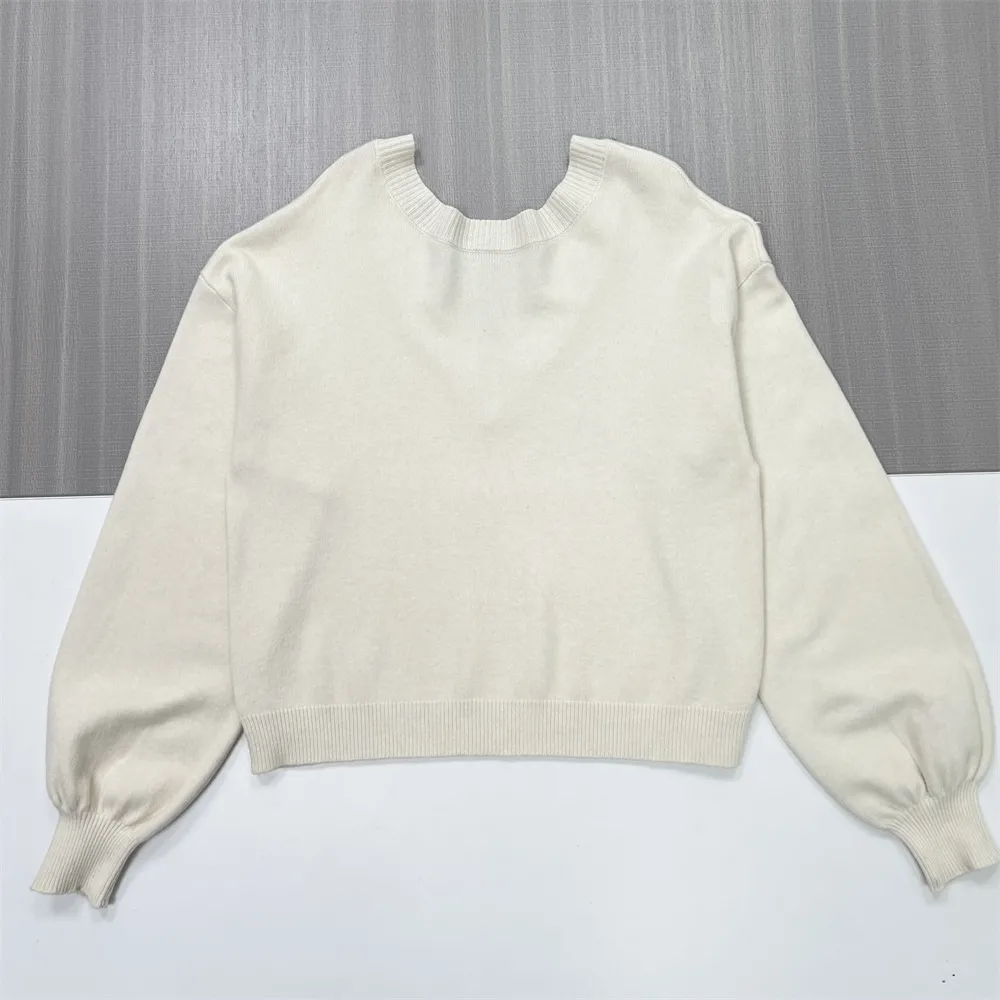 Women's Ivory V-Neck Sweater with Studded Trim & Puff Sleeves - Custom Elegant Casual Apparel
