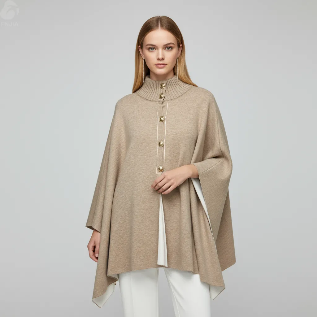 Women's Beige Turtleneck Knit Poncho with Contrast Trim - Custom Elegant Statement Apparel