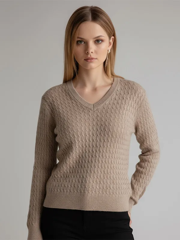 Women's Beige Cable-Knit V-Neck Long-Sleeve Sweater - Custom Textured Smart-Casual Apparel
