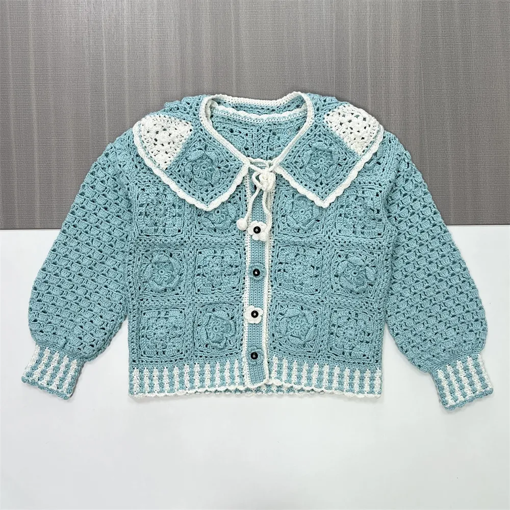 Women's Mint Green Crochet Collared Cardigan with Floral Details - Custom Vintage-Cute Casual Apparel