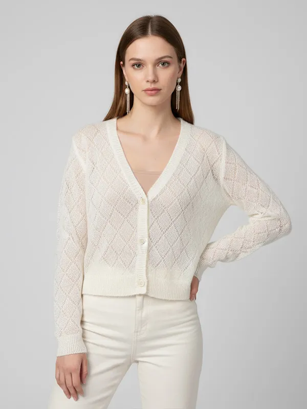 Women's Ivory Sheer Diamond-Knit Cropped Cardigan - Custom Lightweight Layering Apparel