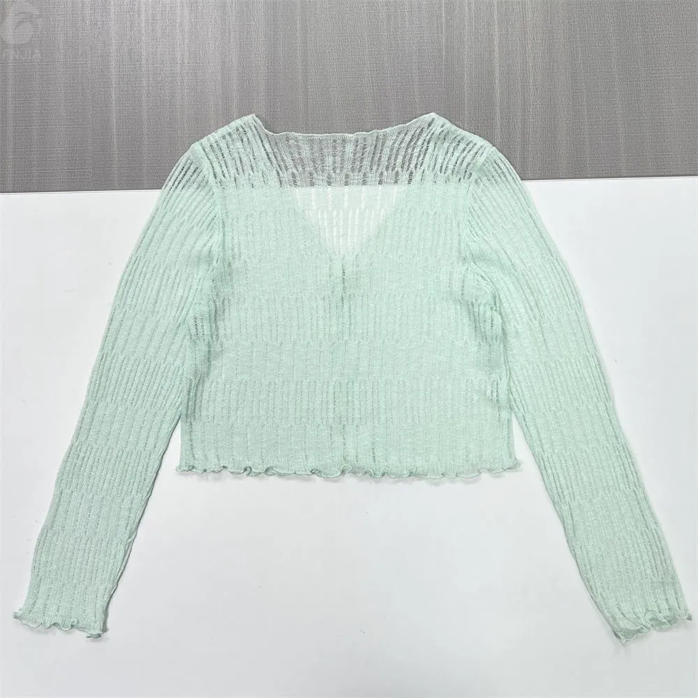 Women's Mint Green Sheer Rib-Knit Cropped Cardigan with Scalloped Hem