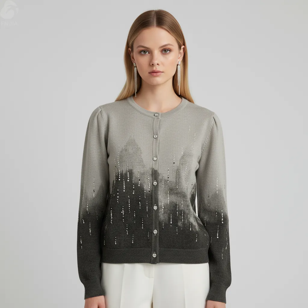 Women's Grey Ombre Sequin-Embellished Knit Cardigan with Crystal Buttons