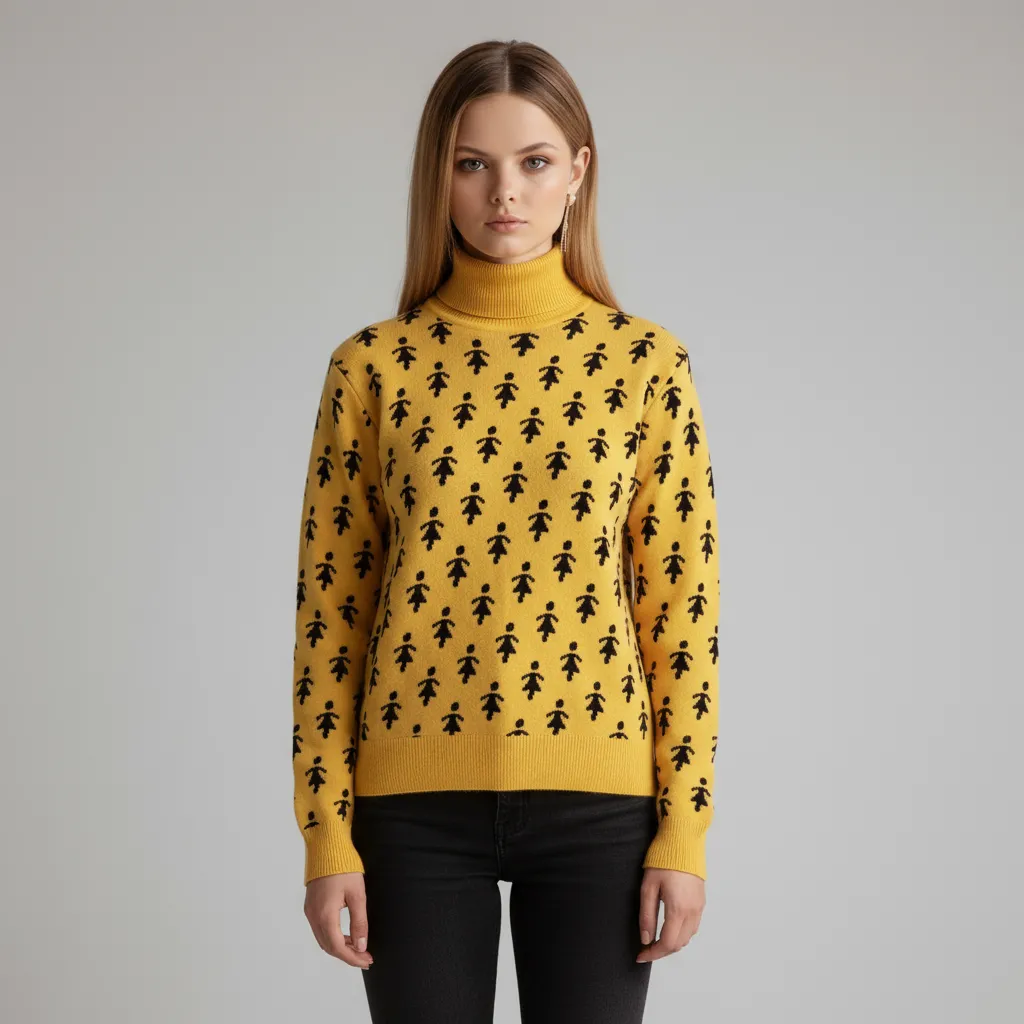Women's Mustard Yellow Turtleneck Sweater with Custom Figure Pattern - Playful Statement Apparel