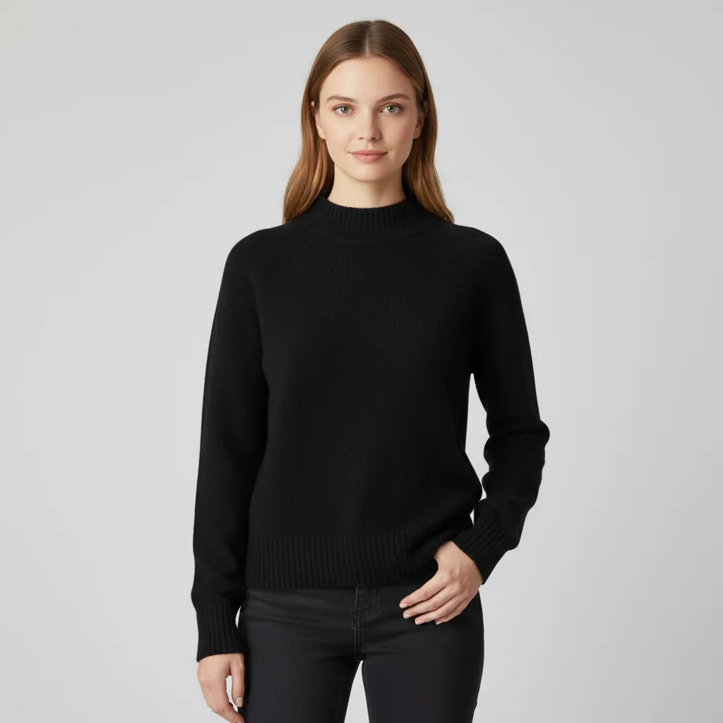 Women's Black Cropped Mock Neck Sweater with Subtle Texture - Custom Modern Casual Apparel