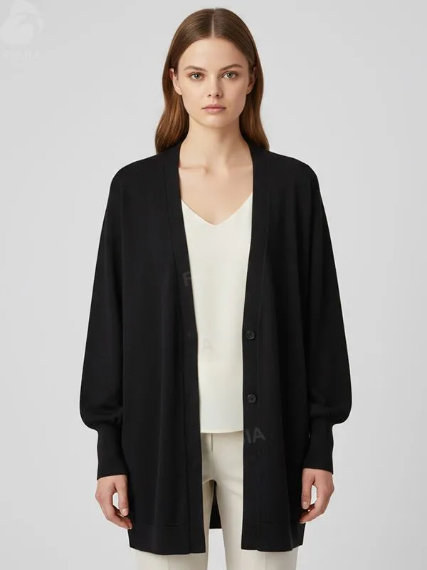 Women's Black Oversized V-Neck Knit Cardigan with Puff Sleeves - Custom Minimalist Versatile Apparel
