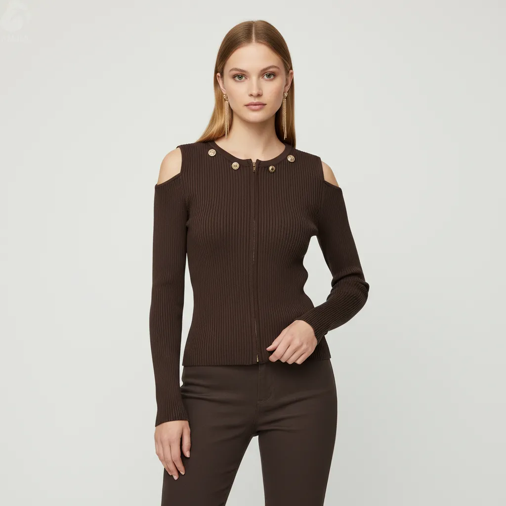 Women's Chocolate Rib-Knit Cold-Shoulder Zip-Up Cardigan - Custom Edgy Fashion-Forward Apparel