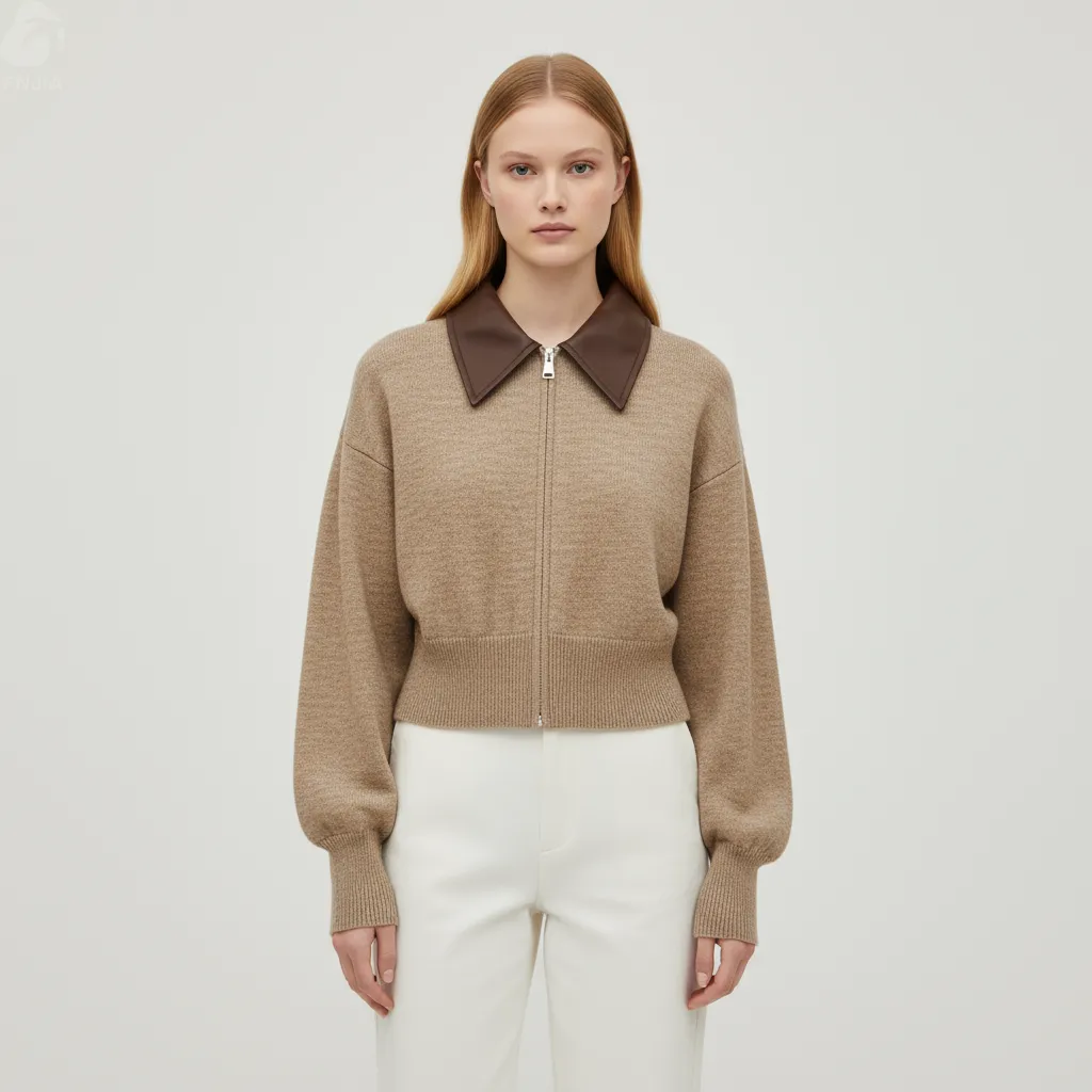 Women's Camel Knit Cropped Cardigan with Leather Collar & Full Zip