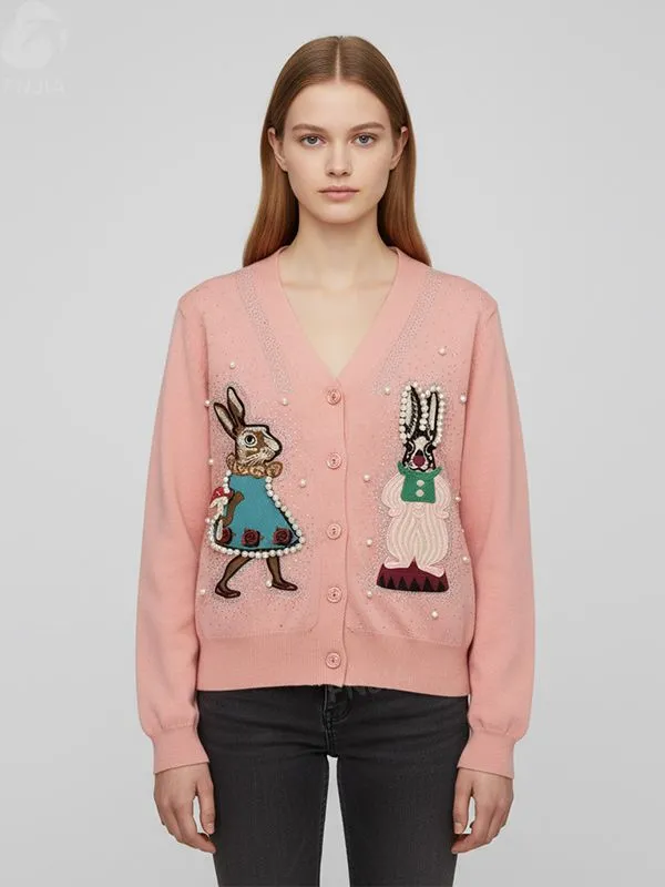 Women's Blush Pink Knit Cardigan with Bunny Embroidery & Pearl Accents - Custom Whimsical Statement Apparel