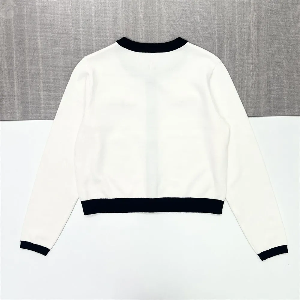 Women's White & Black Contrast Trim Knit Cardigan (Chanel-Style) - Custom Elegant Smart-Casual Apparel