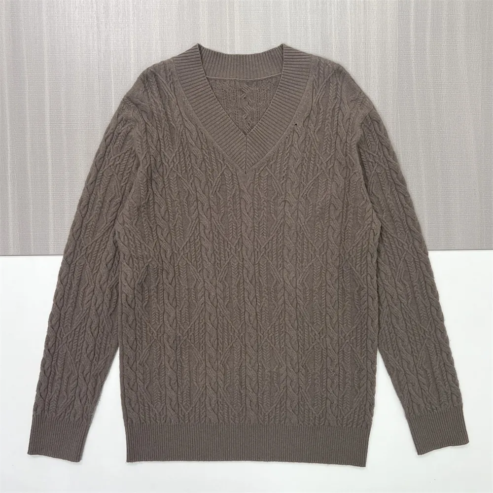Women's Taupe Intricate Cable-Knit V-Neck Sweater - Custom Textured Smart-Casual Apparel