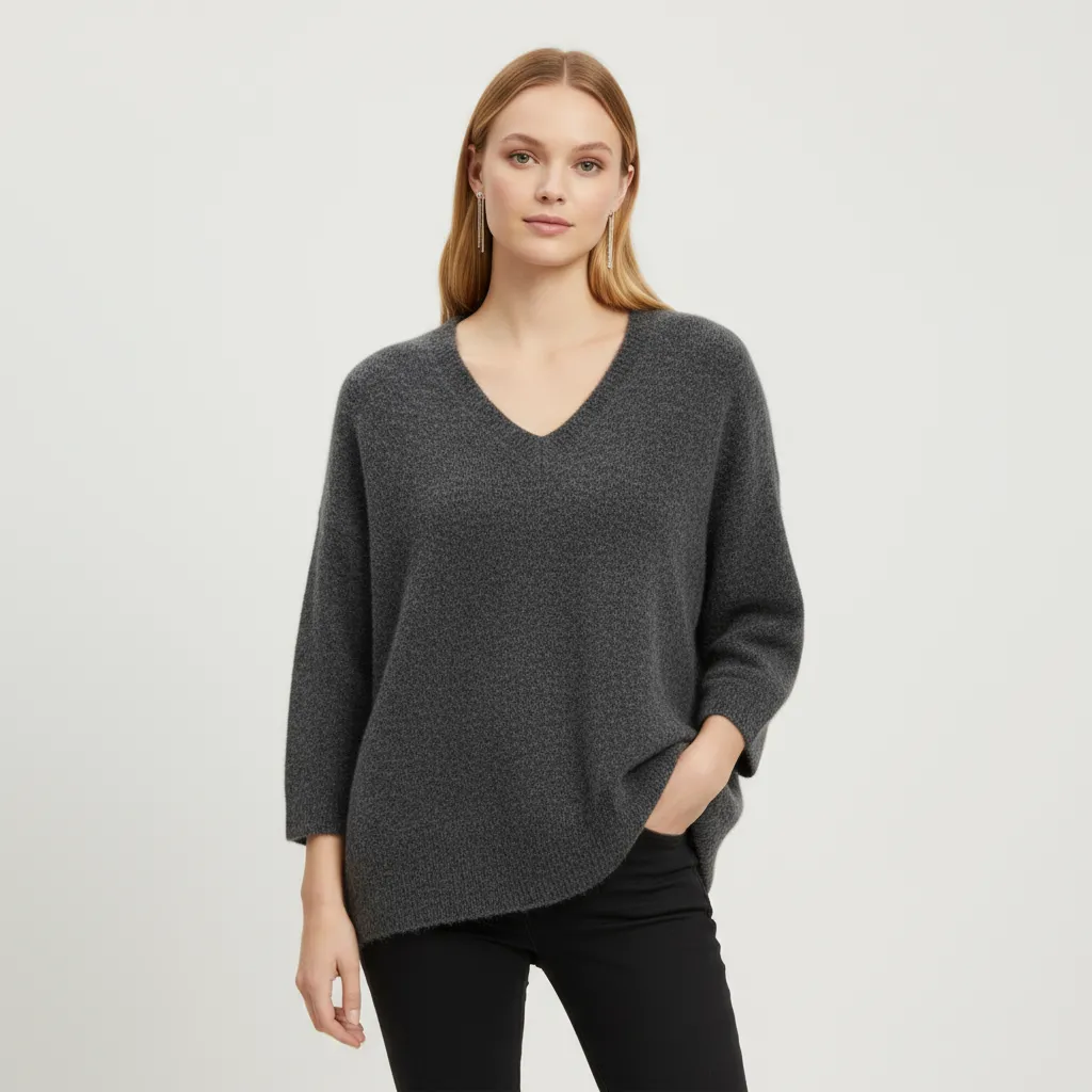 Women's Charcoal Fuzzy V-Neck Oversized Sweater - Custom Cozy Casual Apparel