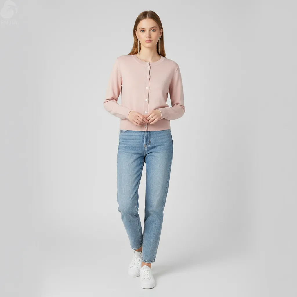 Women's Blush Pink Slim-Fit Crew Neck Cardigan - Custom Minimalist Layering Apparel