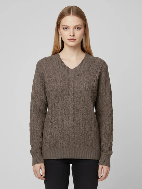 Women's Taupe Intricate Cable-Knit V-Neck Sweater - Custom Textured Smart-Casual Apparel