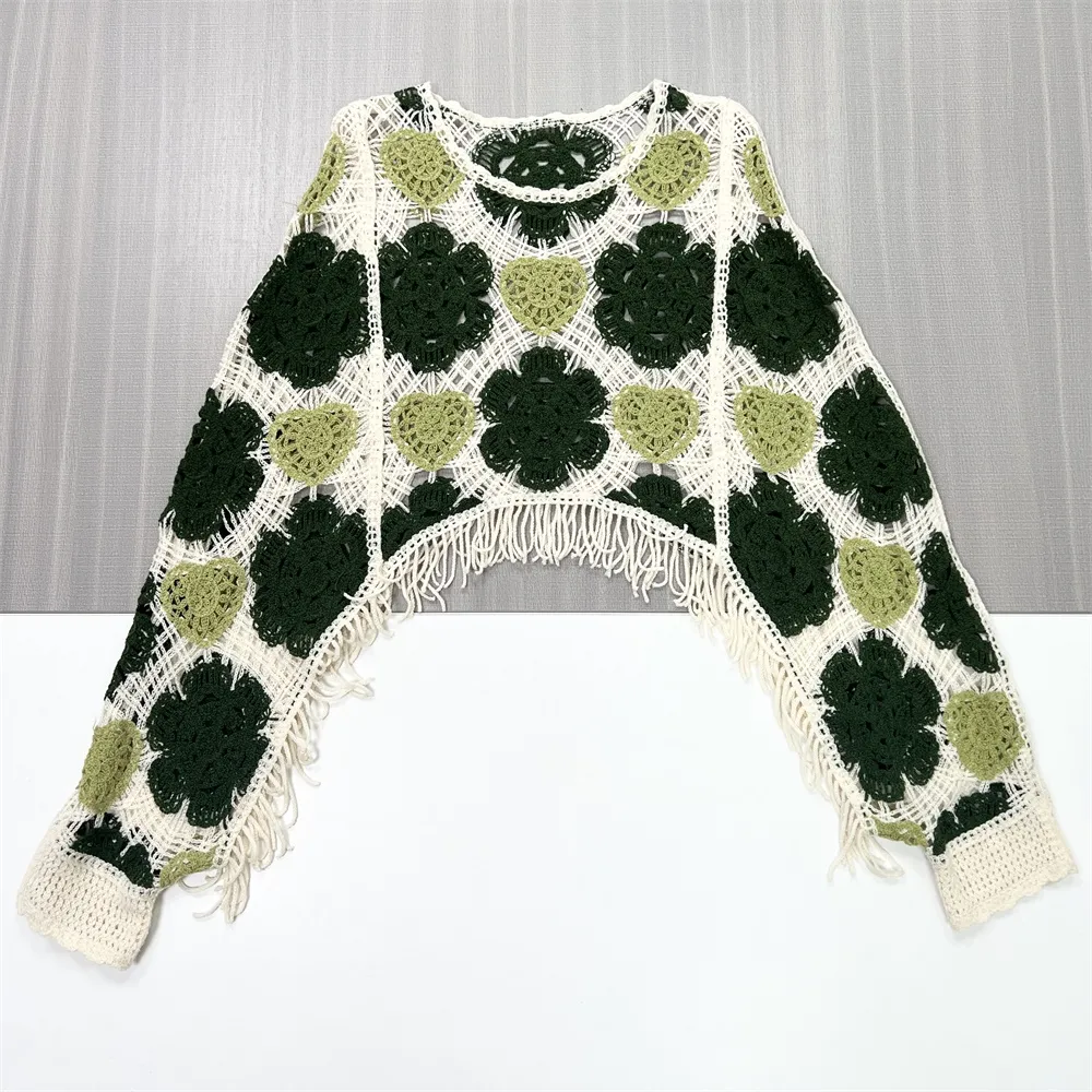 Women's Green & Ivory Crochet Floral Fringe Sweater - Custom Bohemian Fashion-Casual Apparel