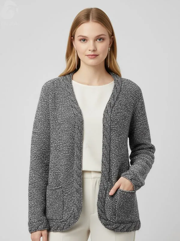 Women's Heather Grey Cable-Knit Open-Front Cardigan with Decorative Bow & Pockets