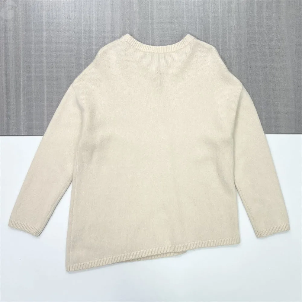 Women's Beige Oversized Crew Neck Knit Cardigan - Custom Minimalist Versatile Apparel