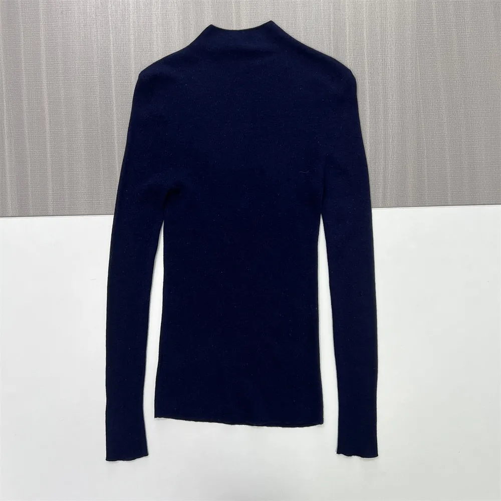 Women's Navy Ribbed Turtleneck Slim-Fit Sweater - Custom Versatile Basic Apparel