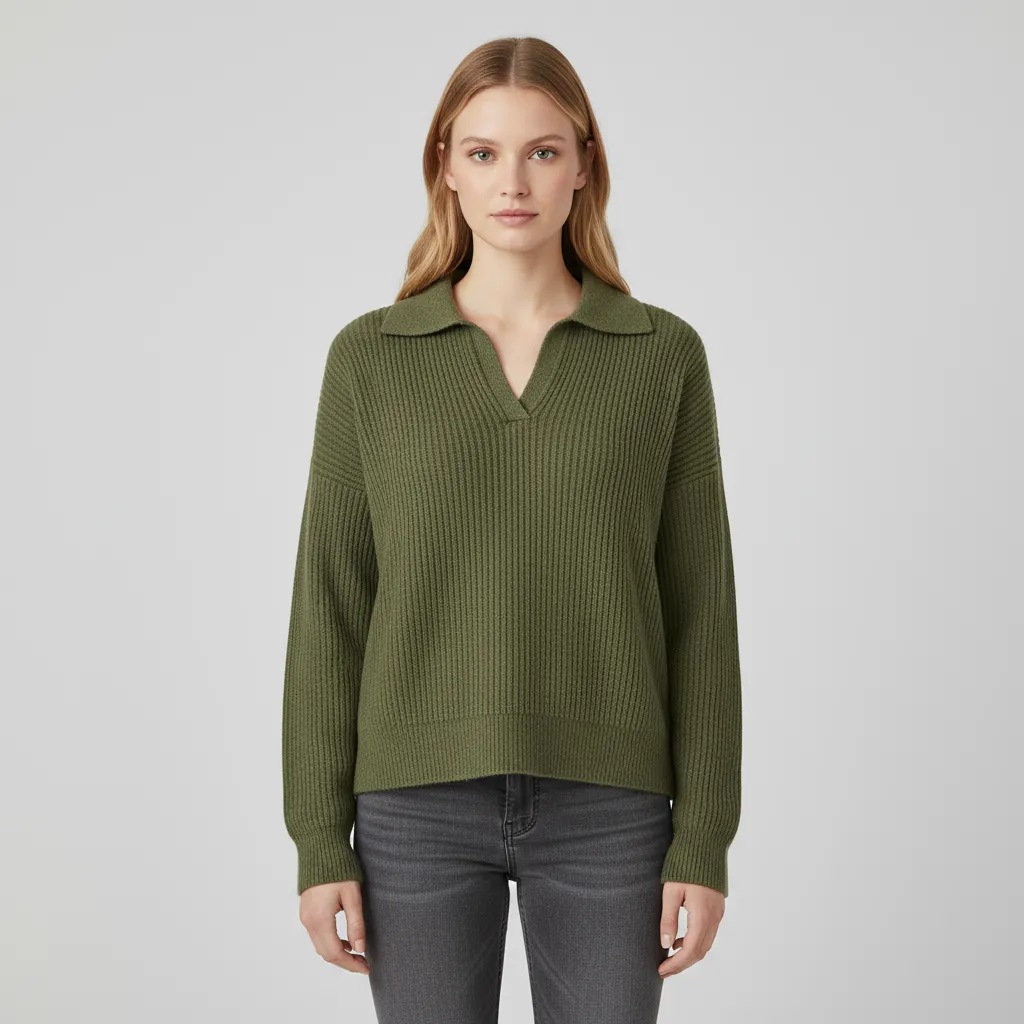 Women's Olive Green Ribbed Polo Collar Long-Sleeve Knit Top - Custom Relaxed Casual Apparel