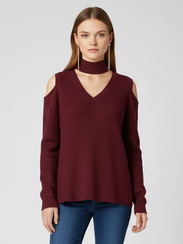 Women's Burgundy Ribbed Cold-Shoulder Sweater with Detachable Choker - Custom Stylish Casual Apparel